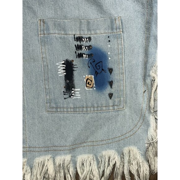Denim Fringed Jacket XL Southwestern Painted Cotton Open Front Whimsiegoth Hip - Picture 9 of 13